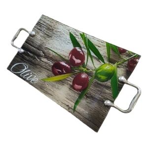 Olive Design Hard Glass Serving Tray with Handles Kitchen Decor Tuscany Style